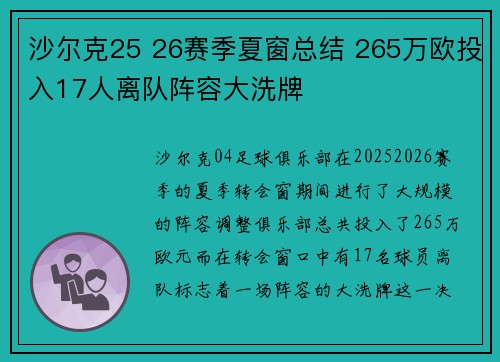 沙尔克25 26赛季夏窗总结 265万欧投入17人离队阵容大洗牌